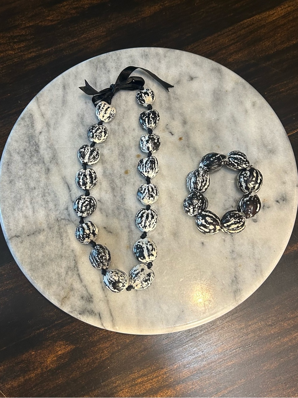 Handcrafted Black and White Kukui Nut Lei Beaded Necklace & Bracelet Set